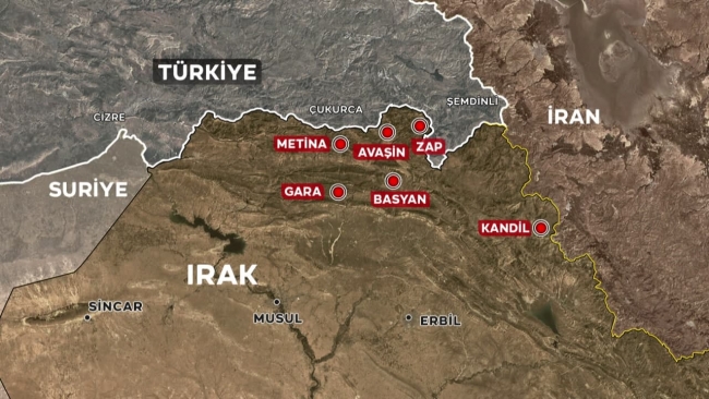 Irak'ın kuzeyindeki terör kampları. Harita: TRT Haber